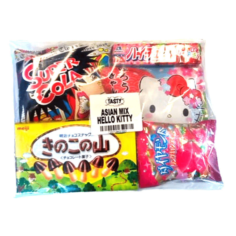 Läs mer om Asiamix Hello Kitty Candy, Meiji Mushroom Mountain, Nobel Super Cola Candy, Hi Chew Strawberry & Diamond Ring Fruit Candy