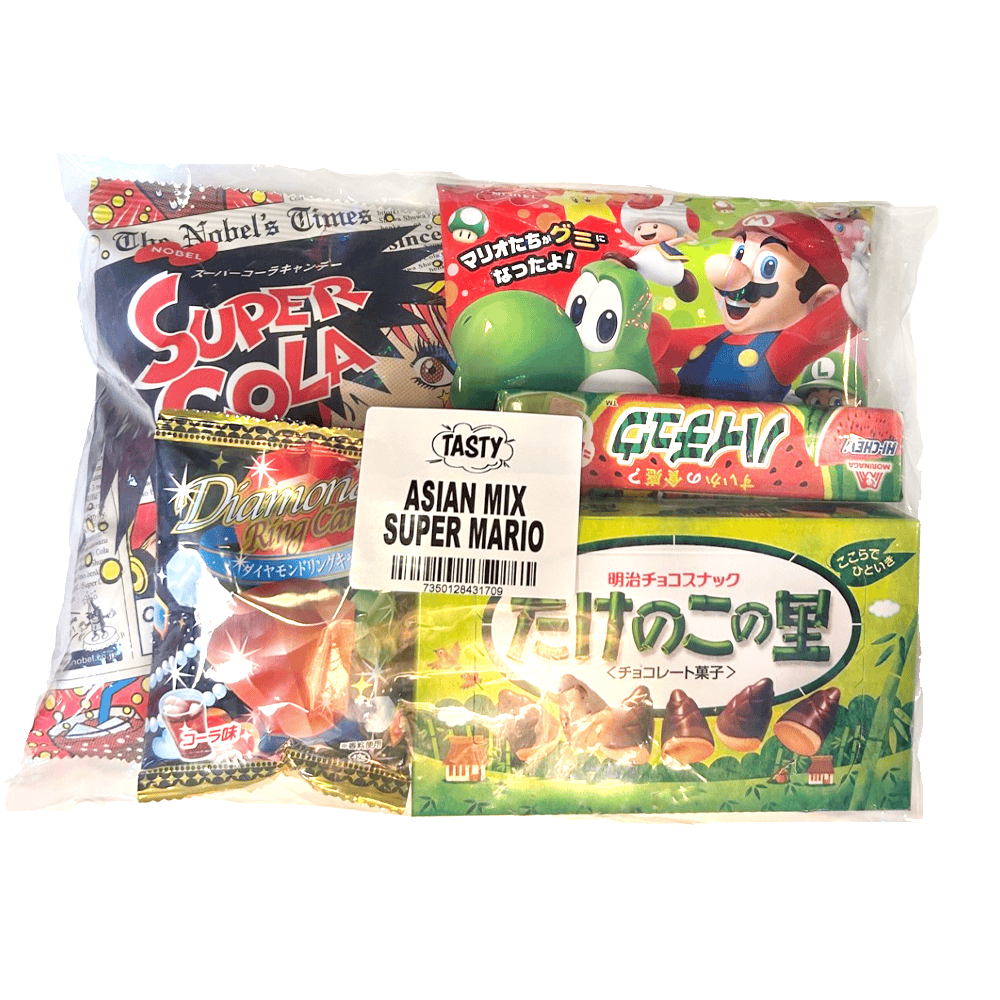 Läs mer om Asiamix Super Mario Candy, Meiji Pine Cone Bisquits, Nobel Super Cola, Hi Chew Watermelon & Diamond Ring Cola Candy