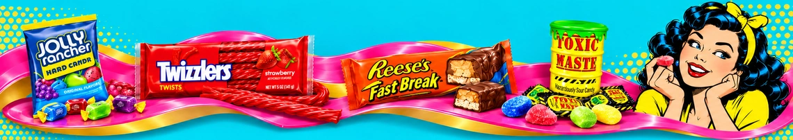 Colourful American candy packs and an illustrated character at Tasty America