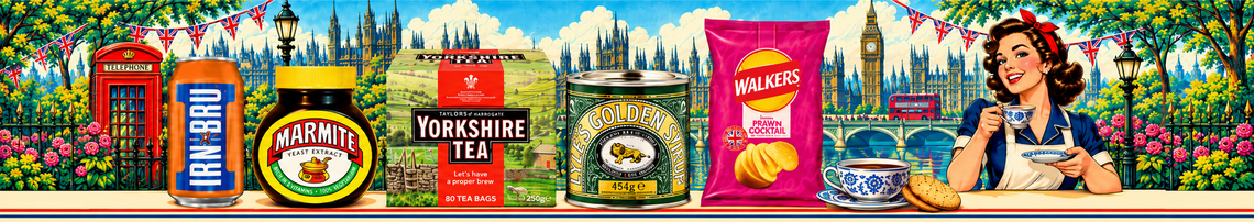 Irn-Bru, Marmite, Yorkshire Tea, Lyle’s ja Walkers kuvitetussa Lontoo-maisemassa teetä tarjoilevan naisen kanssa.