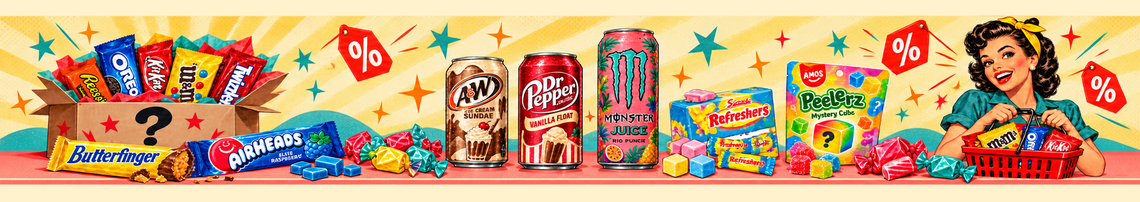 Fynd hos Tasty America med godis, läsk, en mystery box och en glad kund