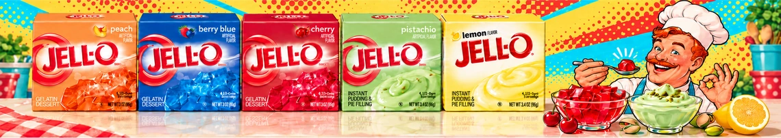 Jell-O-hyytelö- ja vanukasseoksia, värikkäitä jälkiruokia ja iloinen kokki