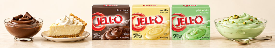 Jell-O pudding i choklad, vanilj och pistage med krämiga desserter och paj