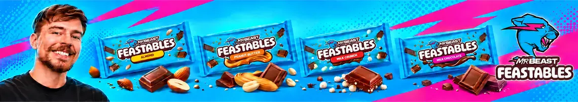 MrBeast med Feastables Almond, Peanut Butter, Milk Crunch och Milk Chocolate samt den blå beast-logotypen