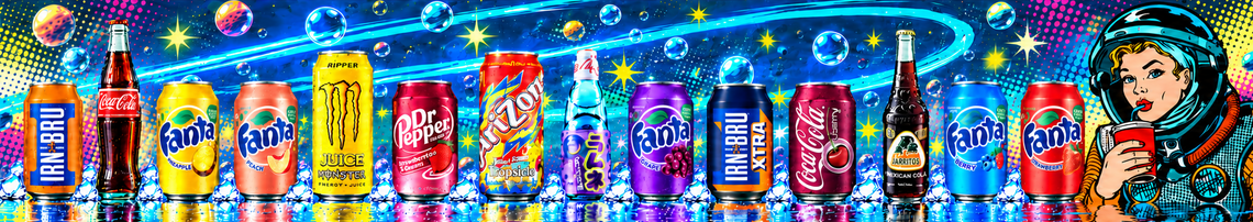 American and international drink cans and bottles with a pop-art astronaut