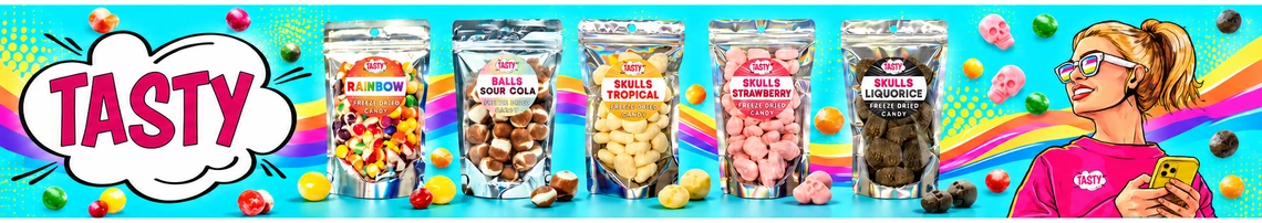 TASTY freeze-dried Rainbow, Sour Cola and Skulls candy bags with the TASTY logo and blonde brand character