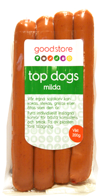 Top Dogs – vegansk varmkorv i 4-pack med mild, rökig smak. Bästsäljare hos Goodstore och familjefavorit till grill, kokning eller stekning.