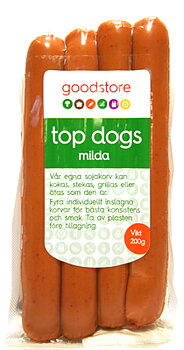 Top Dogs – vegansk varmkorv i 4-pack med mild, rökig smak. Bästsäljare hos Goodstore och familjefavorit till grill, kokning eller stekning.