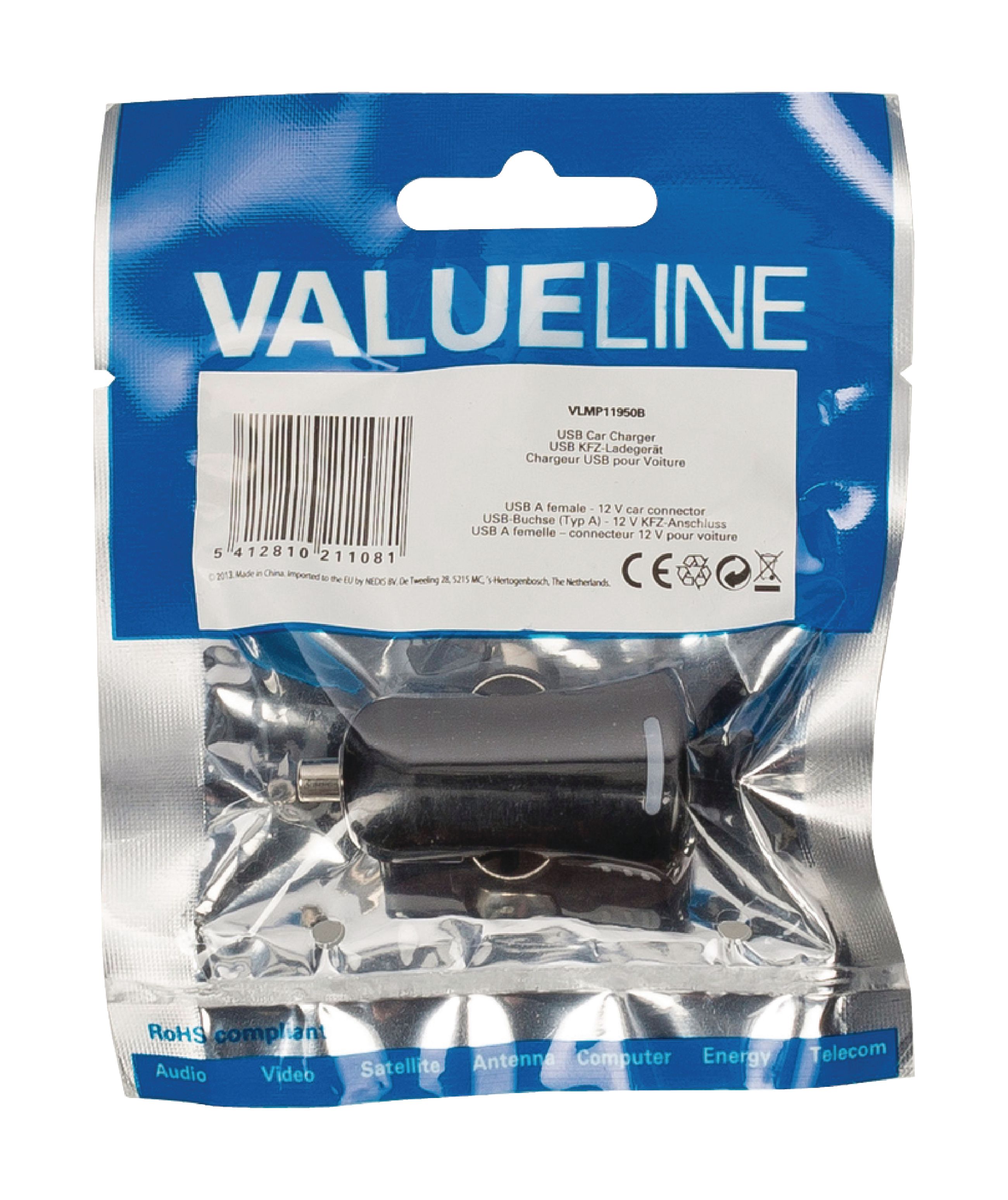 VALUELINE Billaddare 1-Utgång 2.1 A USB Svart - 2