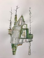  akvarell  "Huset i björkskogen" tavla orginal