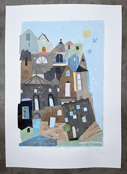 Såld! Collage "Italy by the sea, 2" av Maria C Bernhardsson. Orginal utan ram. 70x50cm.
