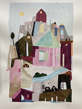 Collage "Paris, Seine" av Maria C Bernhardsson. Orginal utan ram. 70x50cm.