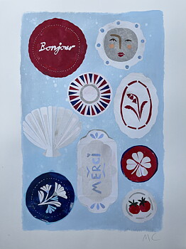 Collage "Bonjour" av Maria C Bernhardsson. Orginal utan ram. 70x50cm.