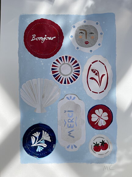Collage "Bonjour" av Maria C Bernhardsson. Orginal utan ram. 70x50cm.