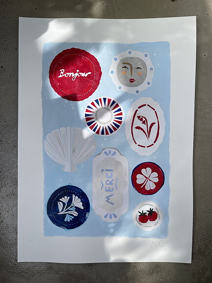 Collage "Bonjour" av Maria C Bernhardsson. Orginal utan ram. 70x50cm.