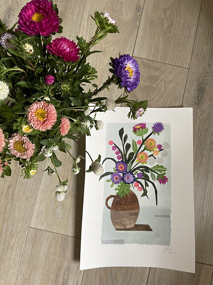 Collage "Paris, Asters dans un vase" av Maria C Bernhardsson. Orginal utan ram.50x35cm.