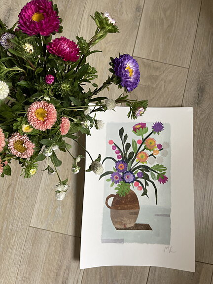 Collage "Paris, Asters dans un vase" av Maria C Bernhardsson. Orginal utan ram.50x35cm.