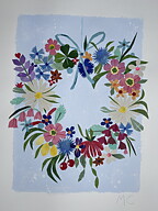 Collage "Midsommarkrans" / himmelsblå av Maria C Bernhardsson. Orginal utan ram. 70x50cm.