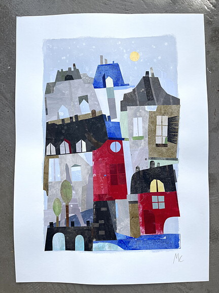 Collage "Paris Mon Amour" av Maria C Bernhardsson. Orginal utan ram. 70x50cm.