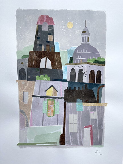 Collage "Paris, Sacre Coer" av Maria C Bernhardsson. Orginal utan ram. 70x50cm.