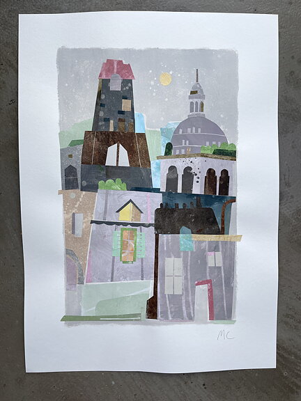 Collage "Paris, Sacre Coer" av Maria C Bernhardsson. Orginal utan ram. 70x50cm.