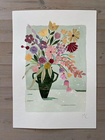 Collage "Rosenskära och tulpaner" av Maria C Bernhardsson. Orginal utan ram. 70x50cm.