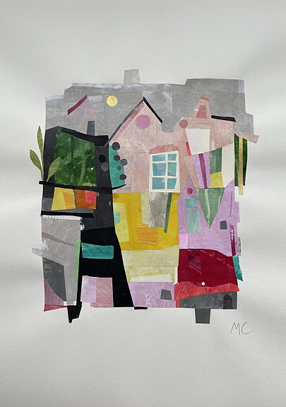 COLLAGE "Min stad" AV MARIA C BERNHARDSSON. ORGINAL UTAN RAM. 70X50CM.
