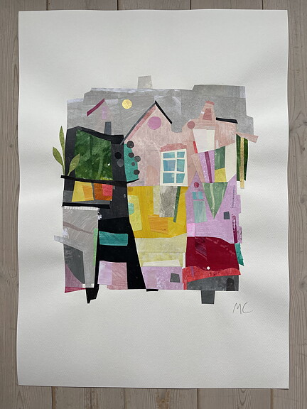 COLLAGE "Min stad" AV MARIA C BERNHARDSSON. ORGINAL UTAN RAM. 70X50CM.