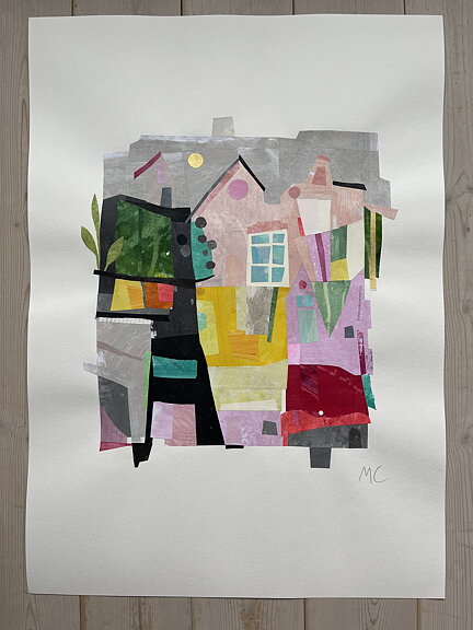 COLLAGE "Min stad" AV MARIA C BERNHARDSSON. ORGINAL UTAN RAM. 70X50CM.