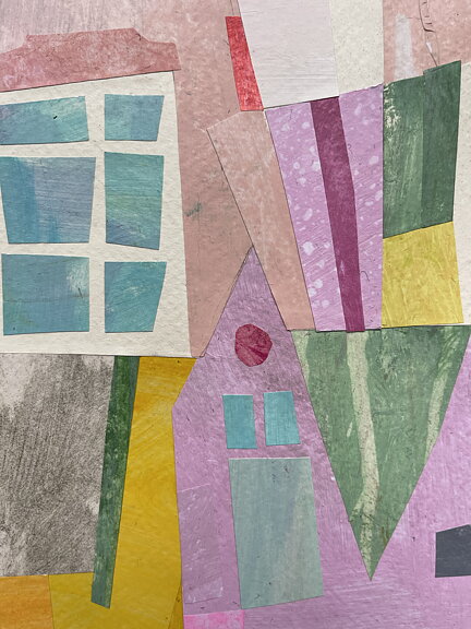 COLLAGE "Min stad" AV MARIA C BERNHARDSSON. ORGINAL UTAN RAM. 70X50CM.