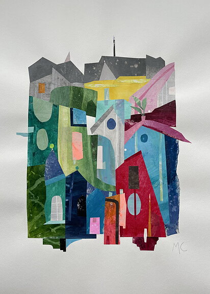 COLLAGE "California" Min stad" AV MARIA C BERNHARDSSON. ORGINAL UTAN RAM. 70X50CM.