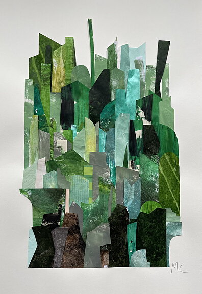 COLLAGE "Skogen" AV MARIA C BERNHARDSSON. ORGINAL UTAN RAM. 70X50CM.