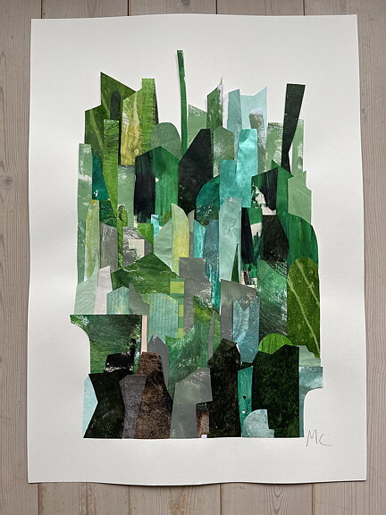 COLLAGE "Skogen" AV MARIA C BERNHARDSSON. ORGINAL UTAN RAM. 70X50CM.