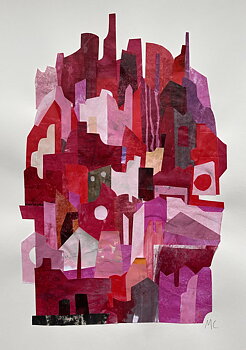 COLLAGE "Den röda staden" Min stad" AV MARIA C BERNHARDSSON. ORGINAL UTAN RAM. 70X50CM.