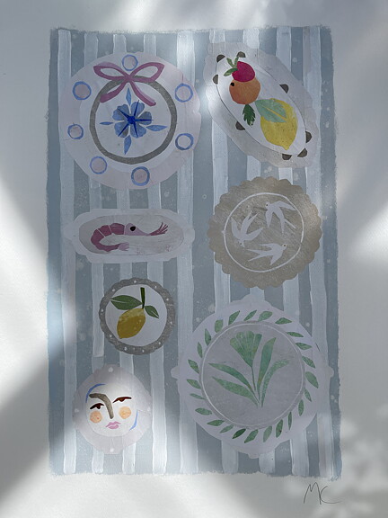 Collage "La Cuisine" av Maria C Bernhardsson. Orginal utan ram. 70x50cm.