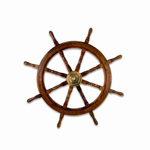 Stort skibsratt av tre med nav i messing (90 cm)
