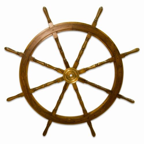 Stort skibsratt av tre med nav i messing (120 cm)