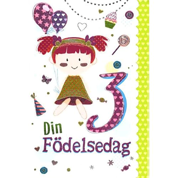 Gratulationskort 3 år med Flicka - Spader