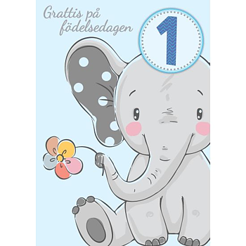 Enkelt Barnkort 1 år, Elefant, Blå -  Spader